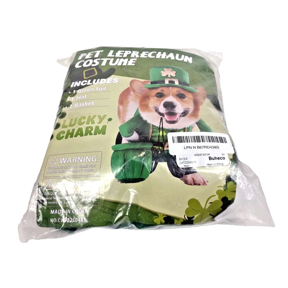 Leprechaun Dog Costume, 3 PCS Medium St Patrick’s Day Outfit w Hat & Gold Pot